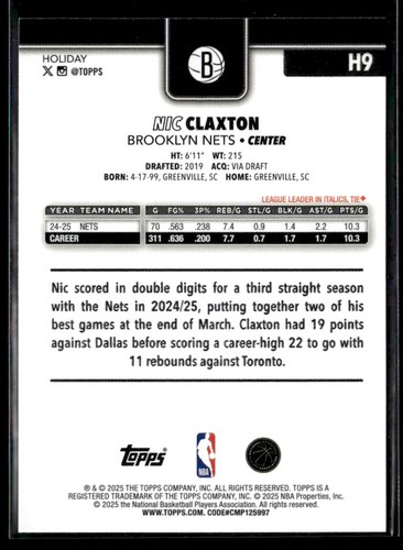 2025-26 Topps Holiday #H9 Nic Claxton - Picture 2 of 2