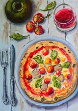 Dipinto olio macinato mediterraneo 18x24 cm pizza e vino originale dipinto olio su cartoncino