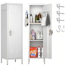 Metal Locker Storage Cabinet Narrow Steel Cupboard 138cm Adjustable Shelves Hook