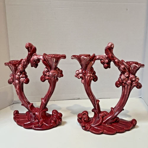 Royal Haeger Vintage Red  Wave Double Twin Stalk Candle Holders 10"