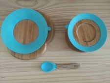 Bamboo Bamboo Suction Bowl And Plate With Spoon Blue Kids Children Natural