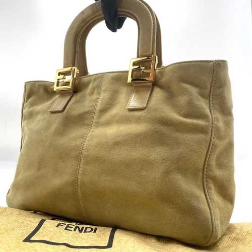 FENDI Hand Bag Tote Purse FF Suede Leather Beige Light Brown Authentic