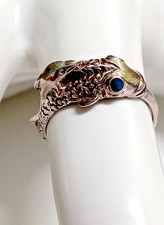STERLING SILVER RING SZ 8.25 LITTLE DOLPHIN RIDING on a SCALED BLUE-EYED FISH 3g