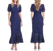 NEW Kay Unger Zoey Navy Blue Lace Dress Gown Midi Tea Length Size 2