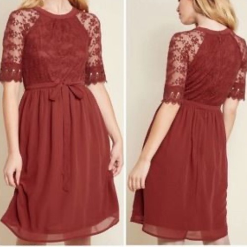ModCloth Plus Size Retro Lace Sleeve Bow Belt Maroon Dress Sz 3X Wedding Guest