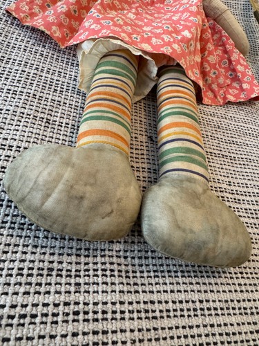 VINTAGE ANTIQUE RAG DOLL 21" - Old Blonde Blue Eyes Pink Dress Striped Socks - Picture 11 of 11