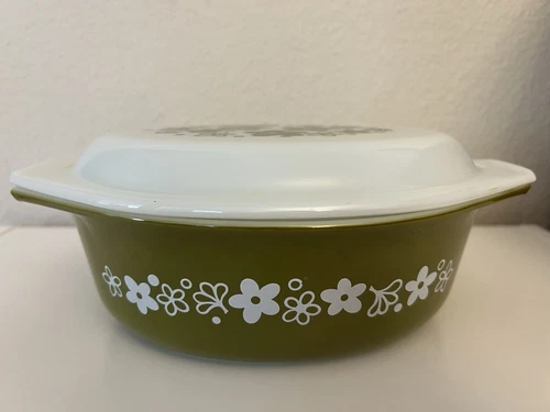 Vtg Pyrex Spring Blossom Flowers Casserole Dish w/Lid 1.5 QT Olive Green Oval