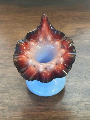 Victorian Oxblood Jack In The Pulpit Hobnail Opalescent Ice Blue Base Vase EXC. - Picture 2 of 16