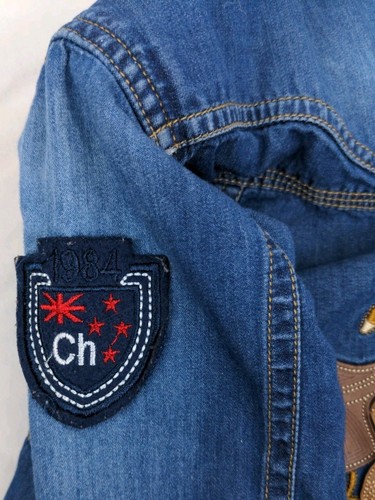Boys Motorcycle Button Up Jean Jacket Size 4 Blue Patches - Picture 5 of 11