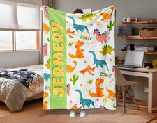 Personalized Dinosaur Flannel Blanket Kids Custom Name Cozy Throw Gift