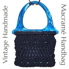Vintage Handmade Macram Handbag with Blue Marbled Handles Boho Hippie