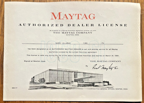 1960-1961 Maytag Authorized Dealer License Maytag Company Newton Iowa
