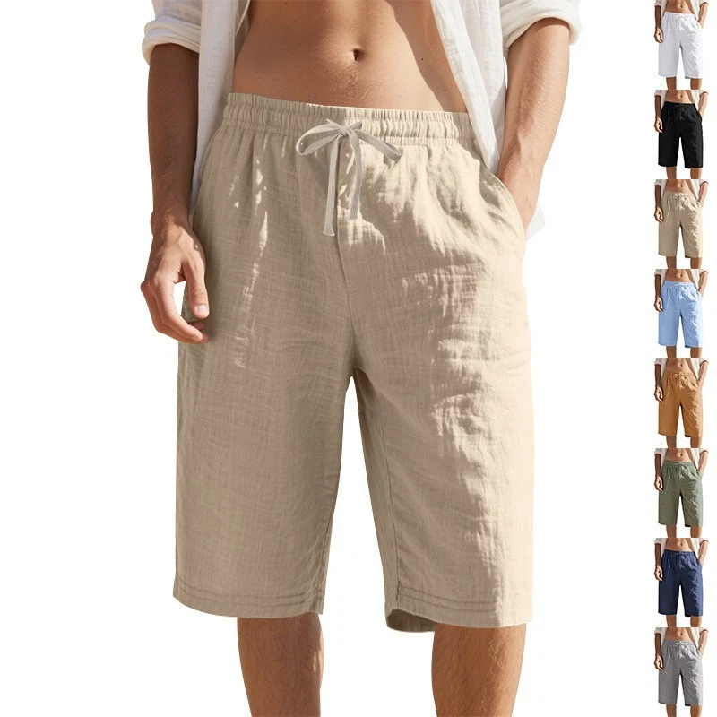 Linen Shorts Men's with Drawstring Elastic Waist Straight Legs Breathable Beach