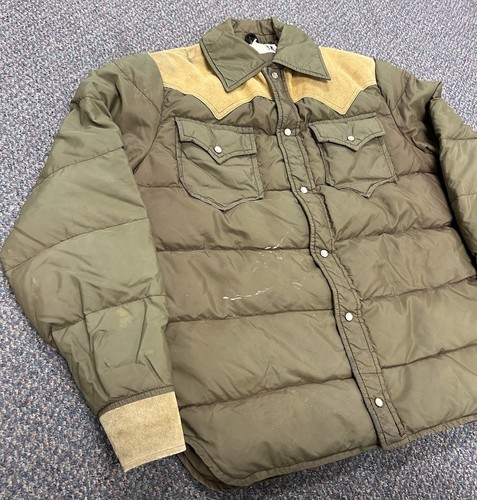 Vintage Woolrich Jacket Medium Puffer Pearl Snap Western Goose Down Leather Yoke - Picture 3 of 23