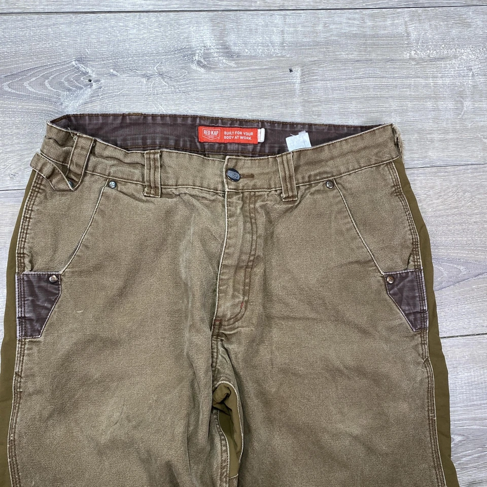 Pantalones de trabajo Red Kap para hombre 38x30 marrón verde doble rodilla lona utilitario carpintero Foto 2 de 4