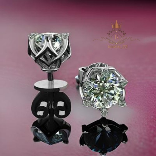 Solid 14K White Gold Moissanite Stud Earrings 2.10 CT Excellent Round Cut VVS1 - Picture 1 of 5