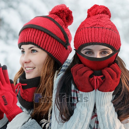 4Pcs/Set Womens Winter Warm Knit Beanie Hat Neck Scarf Mask & Touchscreen Gloves - Picture 6 of 27