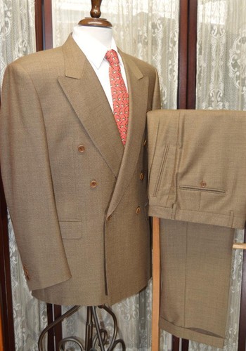 MINT Vtg 80s Canali Milano Italy 40 R light brown double breasted wool suit b7j3 - Picture 1 of 15