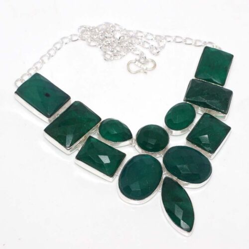 925 Silver Plated-Simulated Emerald Ethnic Big Cluster Necklace Jewelry 16" G539 - Picture 1 of 3