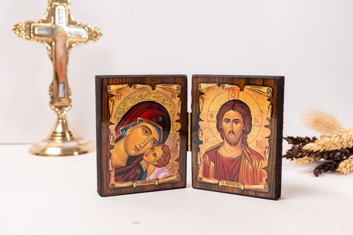 Diptychon Holzikone mit der Jungfrau Maria Amolintos und Jesus Christus dem Segen - Bild 1 von 12