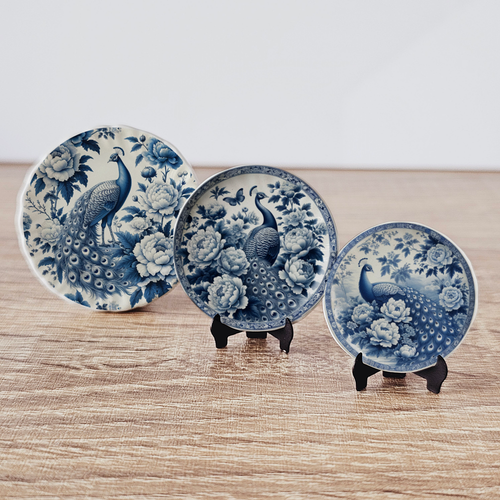 Miniatur Blau Pfau Teller Set 1:12 Chinoiserie Puppenhaus Keramik Dekor 3P - Bild 2 von 10