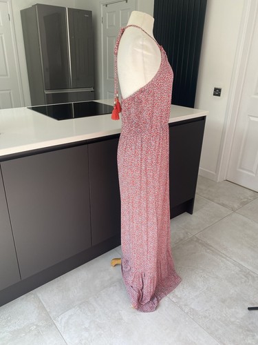Fat Face Size 16 Coral Ditsy Floral Jersey Maxi Dress Halter Neck Tassels - Picture 3 of 19