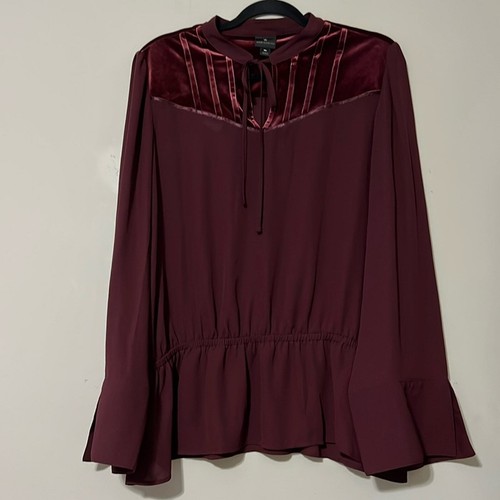 WORTHINGTON size x-large maroon berry peasant gathered waist blouse sheer v-neck - Picture 10 of 10