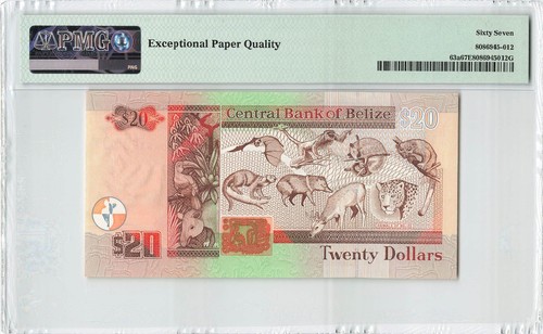 BELIZE 20 Dollars 1997, P-63a Scarce Date, PMG 67 EPQ Superb Gem UNC, QEII Note - Picture 2 of 2