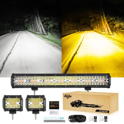 Auxbeam 20 Inch LED Light Bar + 2x 4'' Pods Spot Amber White Light w/ Wiring Kit