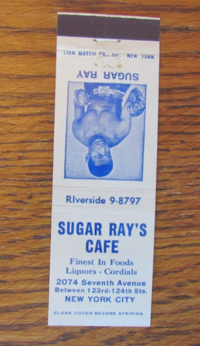 BOXER MATCHBOOK COVER: SUGAR RAY ROBINSON NEW YORK CITY c1950s MATCHCOVER -A3 - Picture 2 of 3