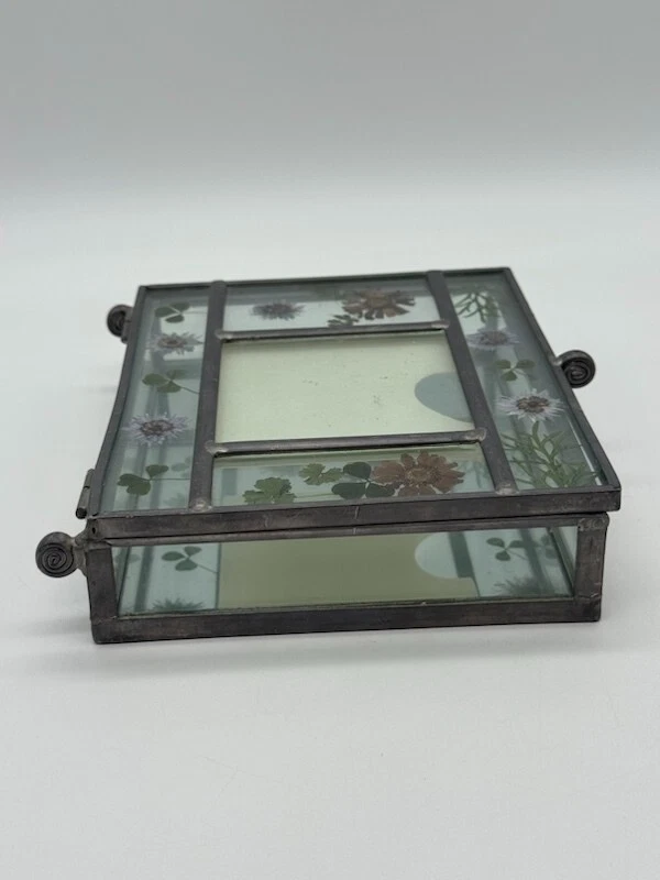 Metal & Glass Keepsake box Handpainted Flower Lid 6.5" x 5.5" x 1.75" - Image 4 of 4
