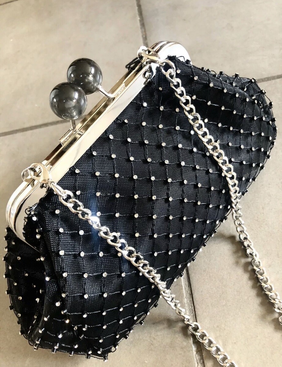 Zara Black Mesh Rhinestones Kiss Lock Crossbody Shoulder Clutch