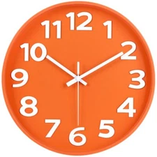 12-Inch Modern Wall Clock Minimalist Orange Design Silent Non-Ticking Large N...