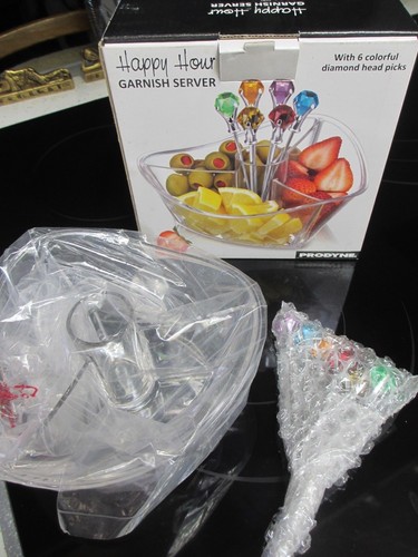 Acrylic BOWL pick holder clear olive / cherry with 6 diamond picks colorful tops - Picture 1 of 4