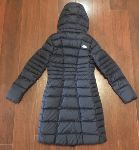 The North Face 550 Womens XS Navy Blue Hooded Goose Down Long Puffer Coat Jacket - Picture 10 of 12