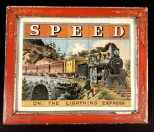 RARE Antique Sliced Puzzle “Speed - On The Lightning Express”  Framed 11” x 9”