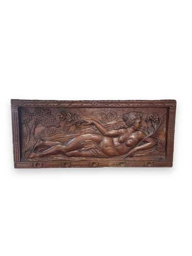 Antique Carved Art Nouveau Pair Of Oak Bas-Relief Panels Reclining Nude Women - Picture 7 of 12