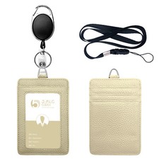 Leather Work Id Badge Holder with Clip Lanyards  Creamy white 1 pcs 