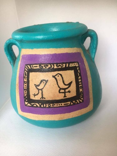 Terracotta Jar Bowl Planter Earthenware pottery Hand Carved Decor Blue 4"x5" - Picture 6 of 12