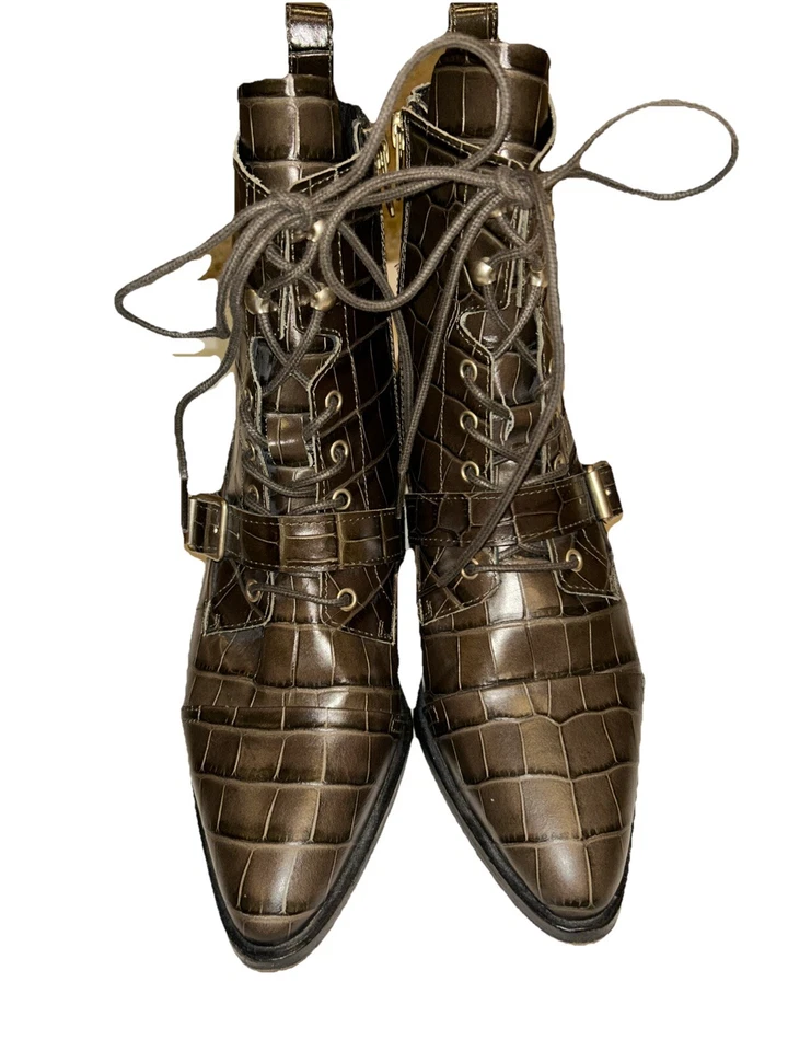 ALLSAINTS Katy Cuero Con Cordones Cremallera Lateral Botines Caqui Oscuro Cocodrilo 40 (US 9) Foto 3 de 4