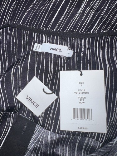 $425 NWT VINCE Silk Wavy Print Black/ Off White Shirt Dress sz S V312450597 - Imagen 11 de 12