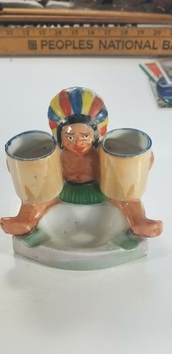 Cenicero vintage Japón jefe indio con tambor cigarrillo y soporte para fósforos Luster Ware - Imagen 2 de 9