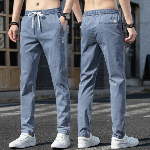 Summer Men's Ice Silk Simple Slim Fit Elastic Drawstring Casual Pants Trousers - Picture 17 of 66