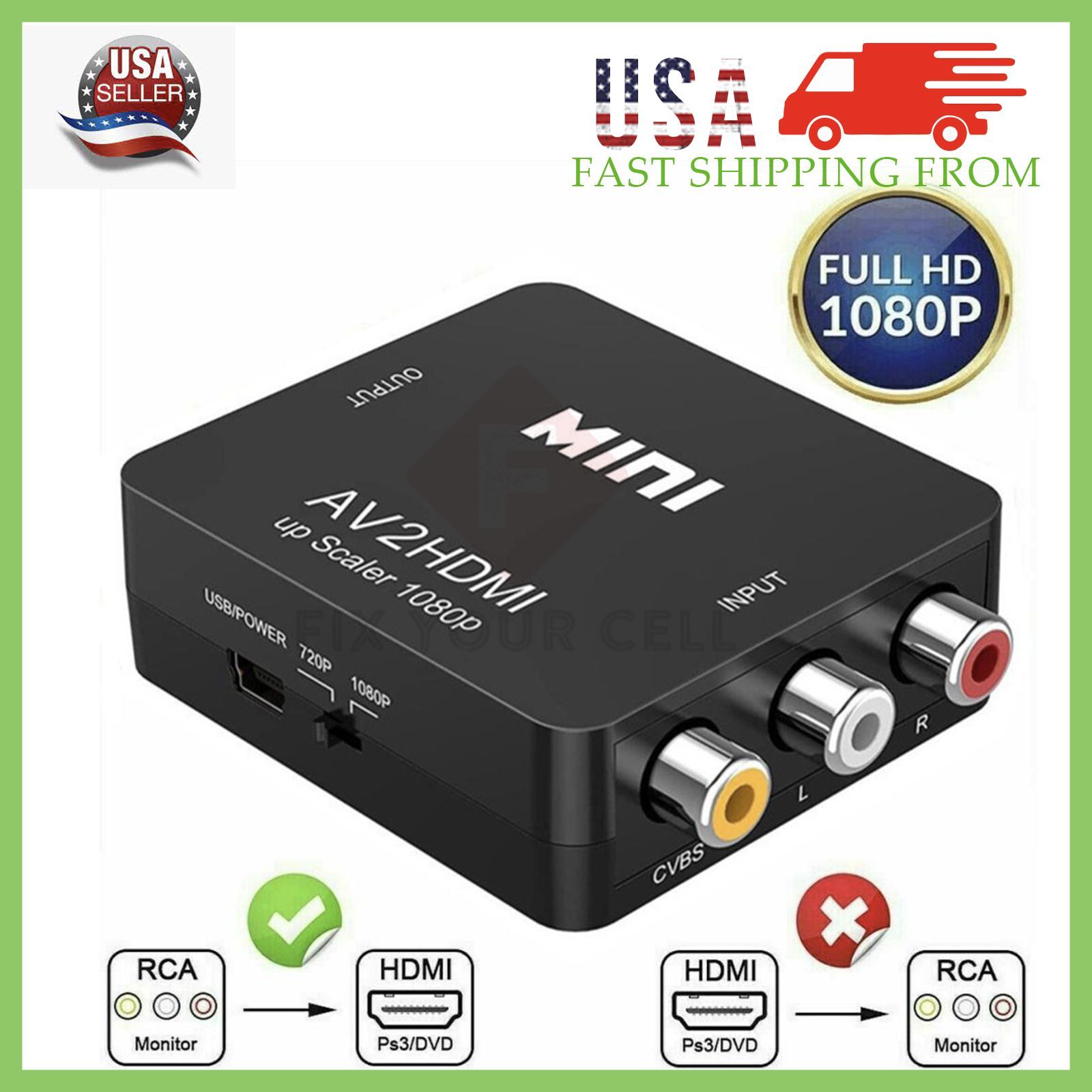 RCA AV to HDMI HD Converter Composite CVBS Audio Video Adapter 1080P