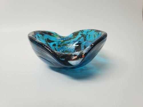 VINTAGE ART GLASS BOWL MID-CENTURY MODERN BLUE GOLD SPECKLES COLLECTIBLE ART - Picture 11 of 12