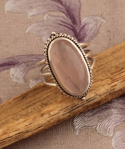 Rose Quartz Gemstone Three Layer Ring 925 Sterling Silver Wedding Jewelry Gift - Imagen 6 de 9