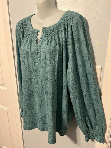 NWT Style&Co Sea Teal Floral Print Top with Long Gathered Sleeve Plus Size 4X - Picture 2 of 5