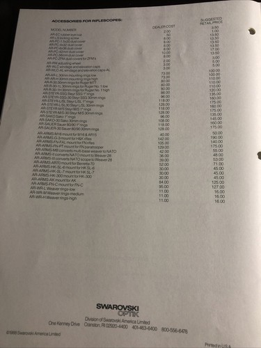 1988 Swarovski Optiks Dealer Price Sheet Firearms - Picture 4 of 5