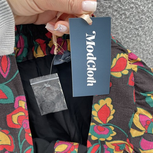 ModCloth Skirt Women Large Black Red Flowers Linen Button Front Lined Colorful - Picture 7 of 14
