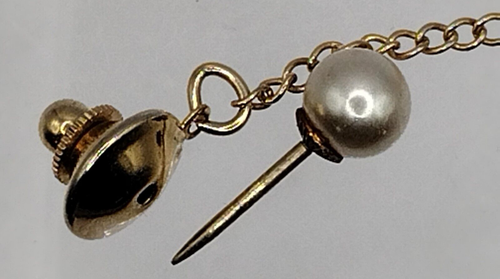 Tie Tack 14K Yellow Gold-Plated Faux Pearl with Chain - Picture 7 of 11